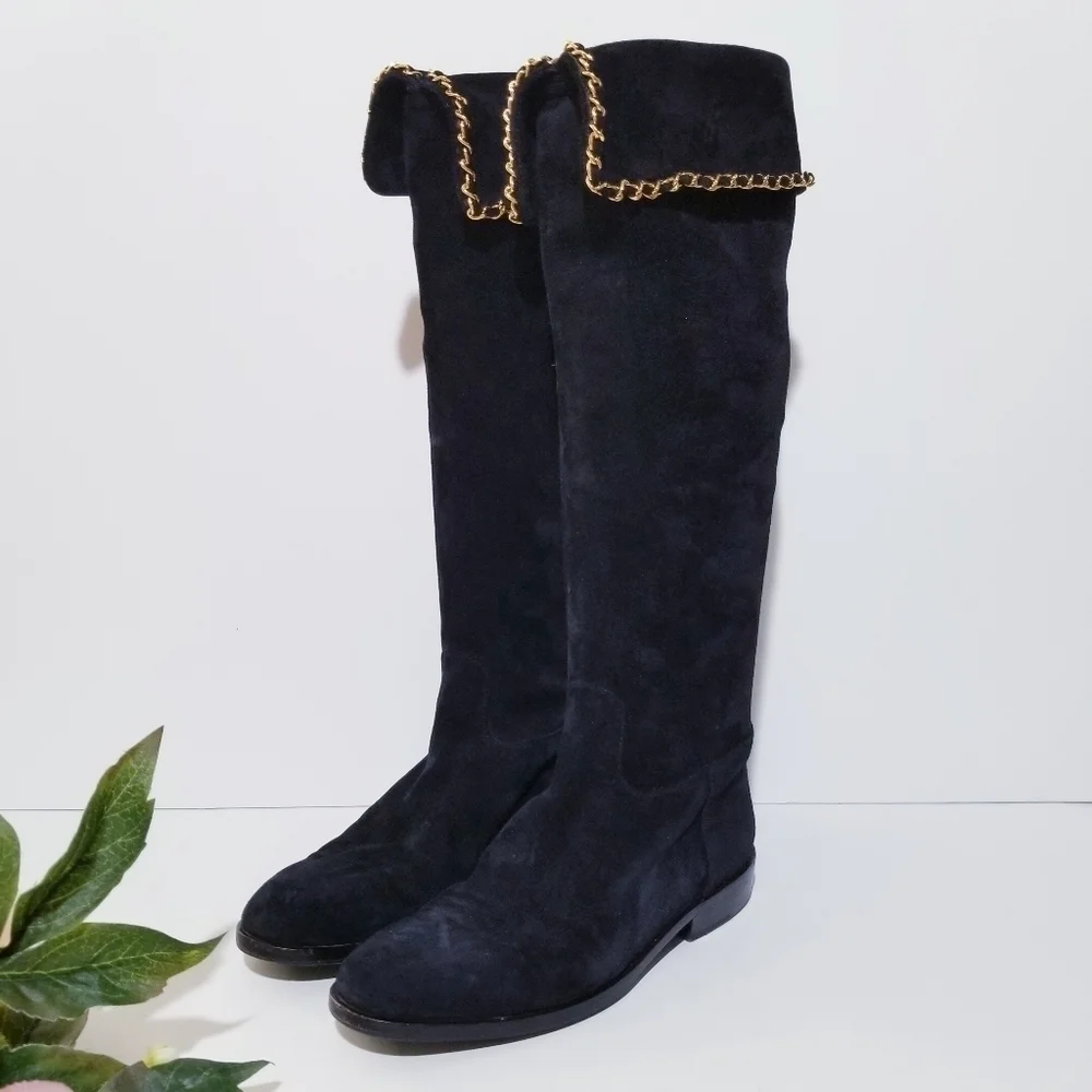 CHANEL Vintage Black Suede Leather & Signature Chain Tall Riding Boots 35